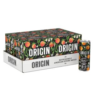 ORIGIN Organic & Non-GMO Peach Flavor Sparkling Water, 12 Fl Oz, Recyclable Aluminum Cans (24 Count) (EXP 12/31/25)