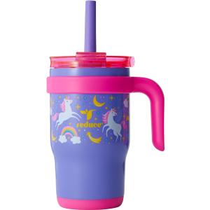 REDUCE 14 Oz Coldee Kids Tumbler with Lid and Straw - Coldee Insulated Travel Mug - Spill-Proof, Sweatproof Stainless Steel, BPA-Free - Includes Handle, Reusable Silicone Straw - Taffy Pink