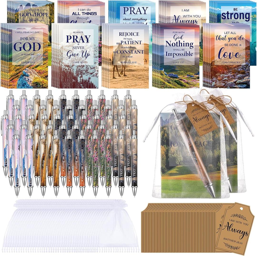 200 Pcs Christian Gift Sets Christmas Church Bible Verse Bulk 50 Scripture Notebooks Gift 50 Ballpoint Pens 50 Thanks Tags 50 Organza Bags for Women Christian Party Gifts(Bright Color,Scenery)