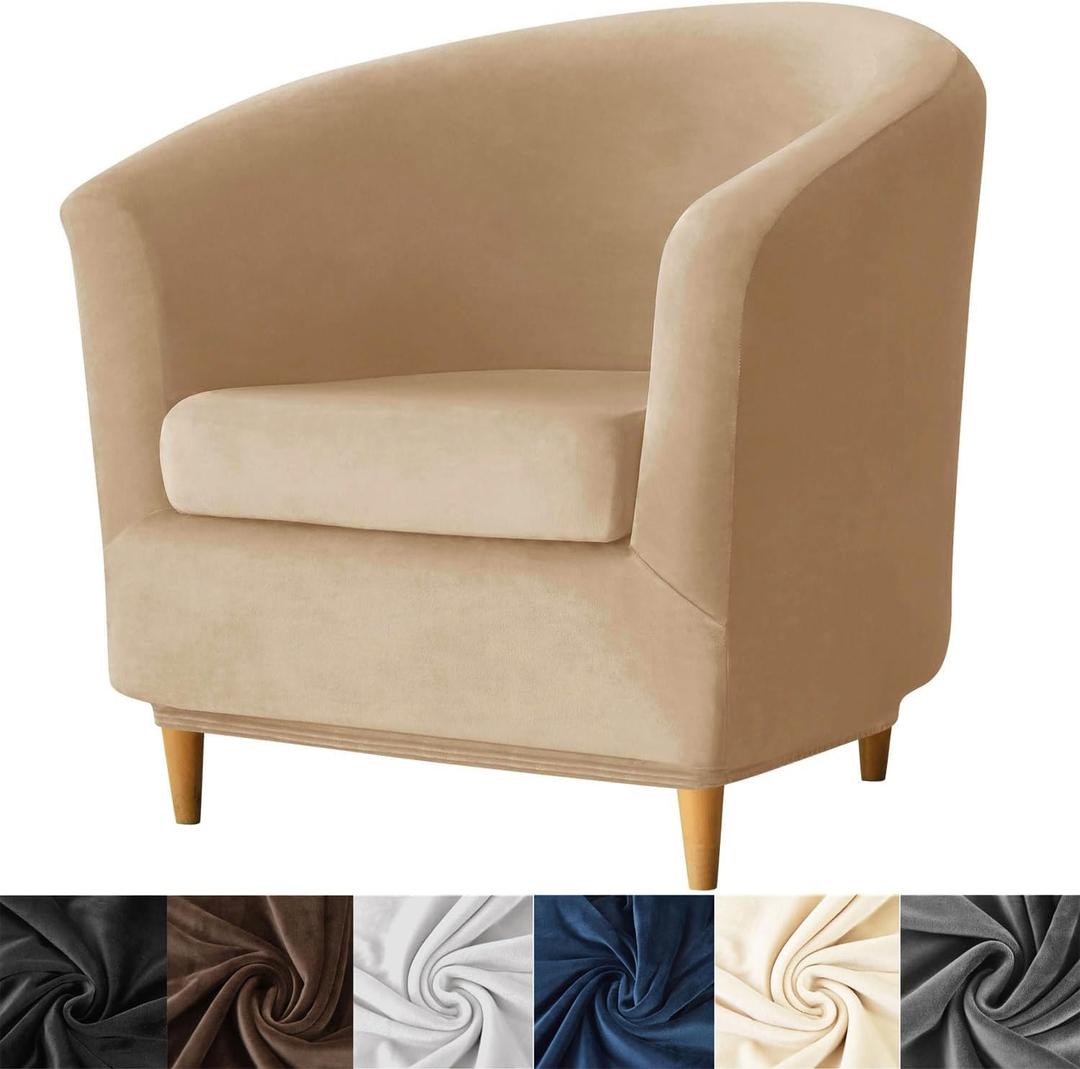 HFCNMY 2 Piece Club Chair Slipcover,Stretch Velvet Barrel Chair Covers Soft Tub Chair Slipcover Washable Armchair Cover with Elastic Bottom Khaki