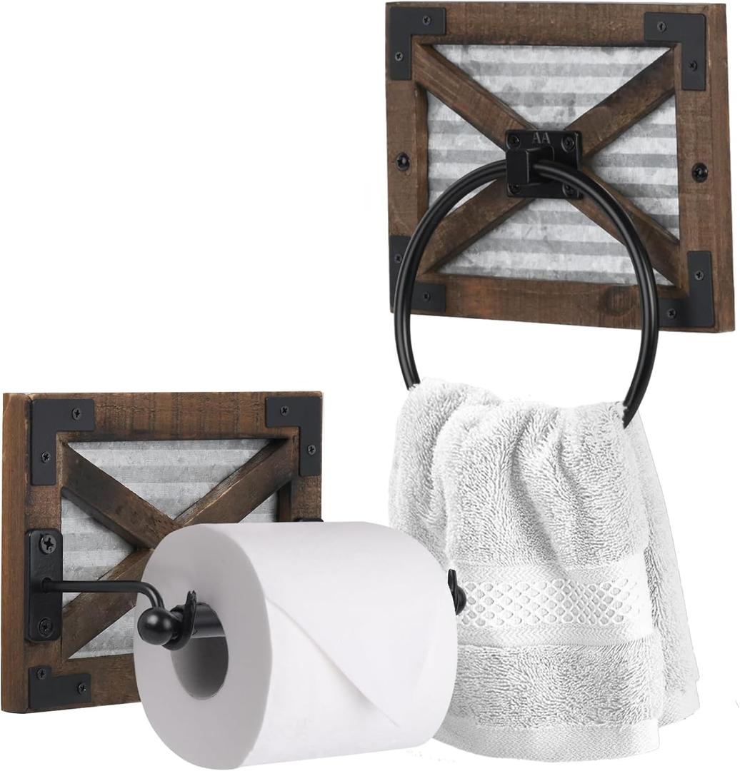 Autumn Alley Rustic Farmhouse Toilet Paper Holder and Towel Ring Rack w/Brackets, Wall Mount, 2 Set, Farmhouse Wall Toilet Paper Holder and Bathroom Hand Towel Holder Wooden Farmhouse Bathroom Decor
