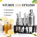 Mixology Bartender Kit with Stand - 15 Piece Bar Tool Set, Silver Bar Set Cocktail Shaker Set for Drink Mixing - Includes Martini Shaker, Jigger, Strainer, Bar Mixer Spoon, Tongs, Opener | Gift Idea, Silver/Black