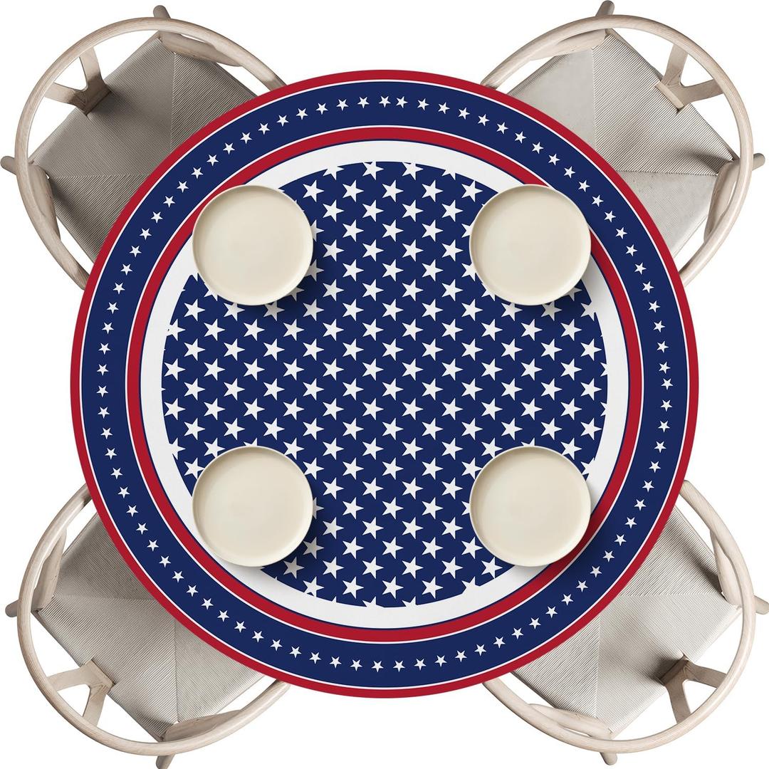 Horaldaily 4th of July Fitted Tablecloth 60 Inch Round, Vintage America Stars Patriotic Washable Table Cover Elastic Edged for Dinning, Picnic, Camping, Banquet