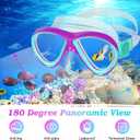 Snorkeling Gear for Kids Ages 5-15, 4 in 1 Mask Fins Snorkel Set with HD Tempered Glass Panoramic View Anti-Fog Mask, Dry Top Snorkel, Adjustable Trek Fins, and Mesh Bag, Kids Snorkel Set for Youth (Purple,LightBlue)