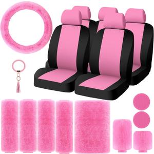 Riakrum 20 Pcs Car Seat Covers Full Set Car Accessories Includes Seat Protectors Fluffy Steering Wheel Cover Belt Shoulder Pads Handbrake Gear Cover Armrest Pad Women Men(Pink and Black)