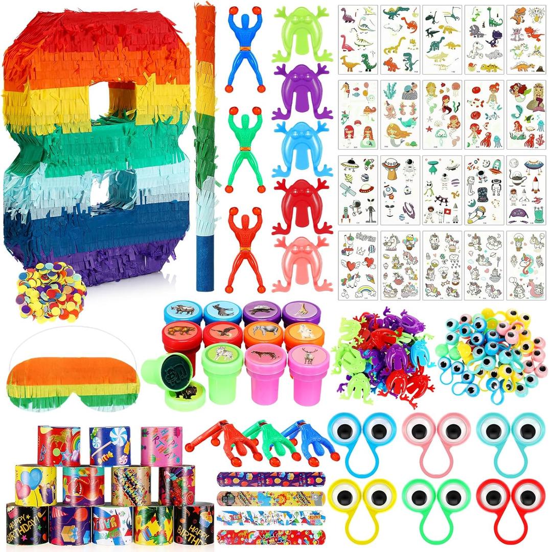 Lenwen 120 Pcs Rainbow Piata Set, Multicolor Birthday Party Piata with Blindfold Stick and Confetti Carnival Prize for 4th Anniversary Cinco De Mayo Fiesta Decor(Number 8)