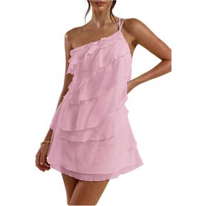 SOLY HUX Women's Mini Dress One Shoulder Ruffle Mesh Dresses Layered Backless Vacation Party Sundresses Size L