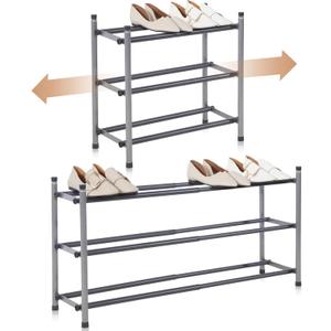 STORAGE MANIAC Expandable Shoe Rack, 12 Pairs Stackable Small Shoe Rack, Metal Adjustable Shoes Organizer for Closet, Entryway, Hallway, Garage, Front Door, Shoes Shelves, Black 3 Tier
