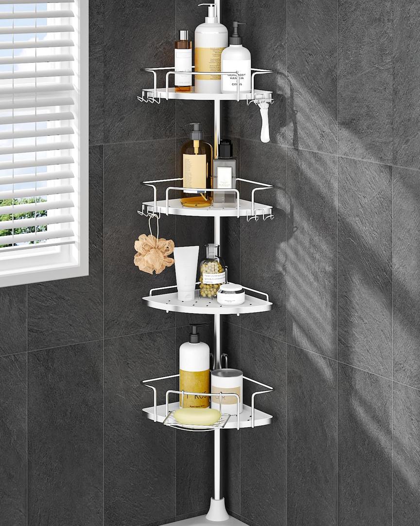 ALLZONE Corner Shower Caddy Tension Pole  Upgraded Rust-Free Stainless Steel Shower Organizer with Adjustable Storage Shelves, Drill-Free Installation, Quick Setup, Extends from 34 to 116 Inches (Silver)