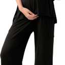 Maternity Lounge Set 2 Piece Outfits Matching Short Sleeve Top Adjustable Long Pants Pregnancy Summer Loungwear (Large, Black)