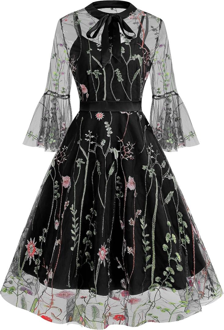 Women Mesh Floral Embroidery Vintage Cocktail Swing Dress Illusion 50s Goth Flared A line Casual Wedding Prom Evening Dress Women Mesh Floral Embroidery Vintage Cocktail Swing Dress Illusion 50s Goth Flared A line Casual Wedding Prom Evening Dress