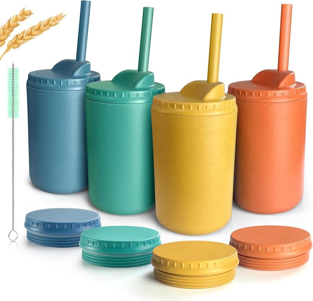 Teivio 4 pcs 10 oz Wheat Straw Kids/Toddler Cups with Lid and Straws, Reusable Spill proof cups for Kids,Unbreakable plastic cups with Silicone Straws&Cleaning Brush,Dishwasher Safe,Autumn Multicolor