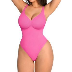 FeelinGirl Shapewear Bodysuits for Women Tummy Control Thong Seamless V Neck Compression Body Suits Corset Top (Large, Pink)