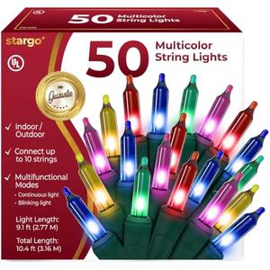 Warm Multi Color Christmas Lights - 9 ft String of 50 Incandescent Mini Bulbs Multifunctional Lighting Modes, for Decorative, Bedroom, Outdoor, Xmas Twinkle Tree Lights with Green Wire Total 10.4 ft