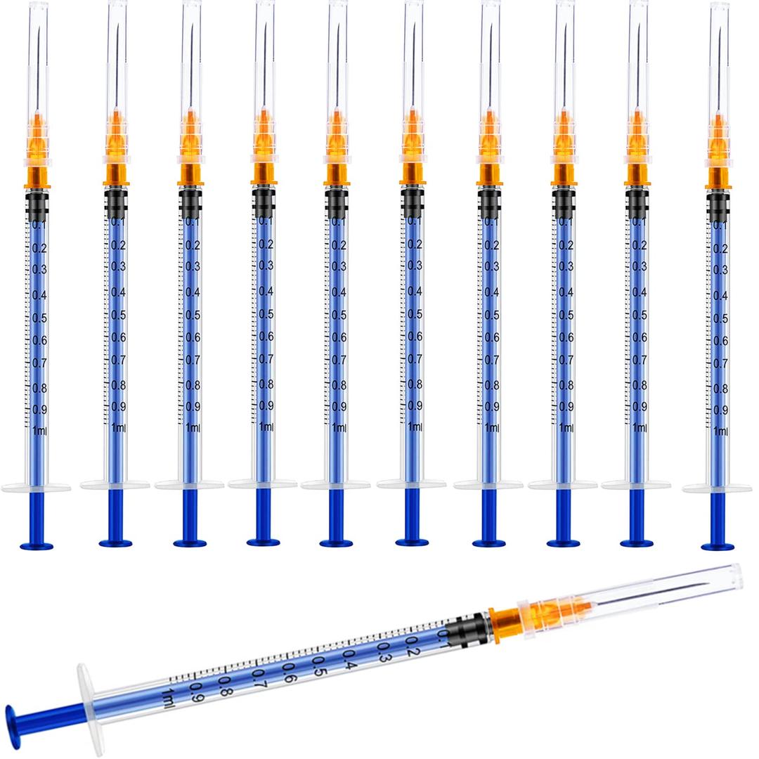 100 Pack 1ml/cc Plastic Luer Slip Syringa with 25Ga and Cap, Individually Sealed Wrapped, for Scientific Labs, Measuring Liquid, Refilling Cartridges or Glue Applicator