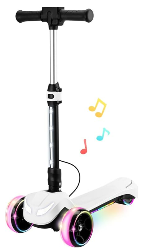 24V Electric Scooter for Kids w/150W Powerful Motor, Thumb Throttle, LCD Screen, Bluetooth, Light-Up Stem Deck & Wheels, 3 Adjustable Heights, 5MPH Safe Speed, 3 Wheel Electric Scooter for Kids (White)