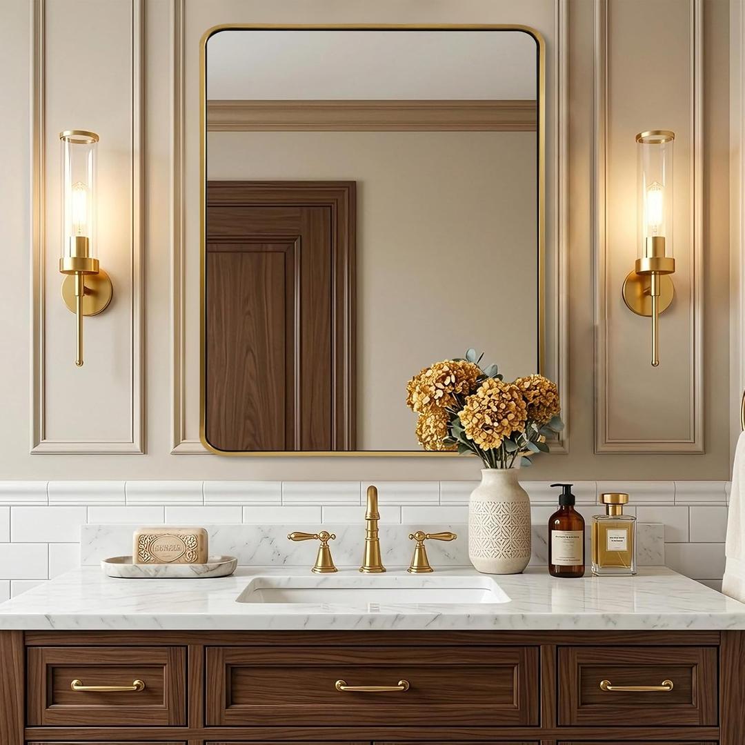 ANDY STAR 24x30 Gold Bathroom Mirror, Brushed Brass Mirror, Rounded Rectangle Mirrors for Bathroom Sink, Rustproof Tube Metal Framed, 1 Deep Wall Mounted Vertical/Horizontal