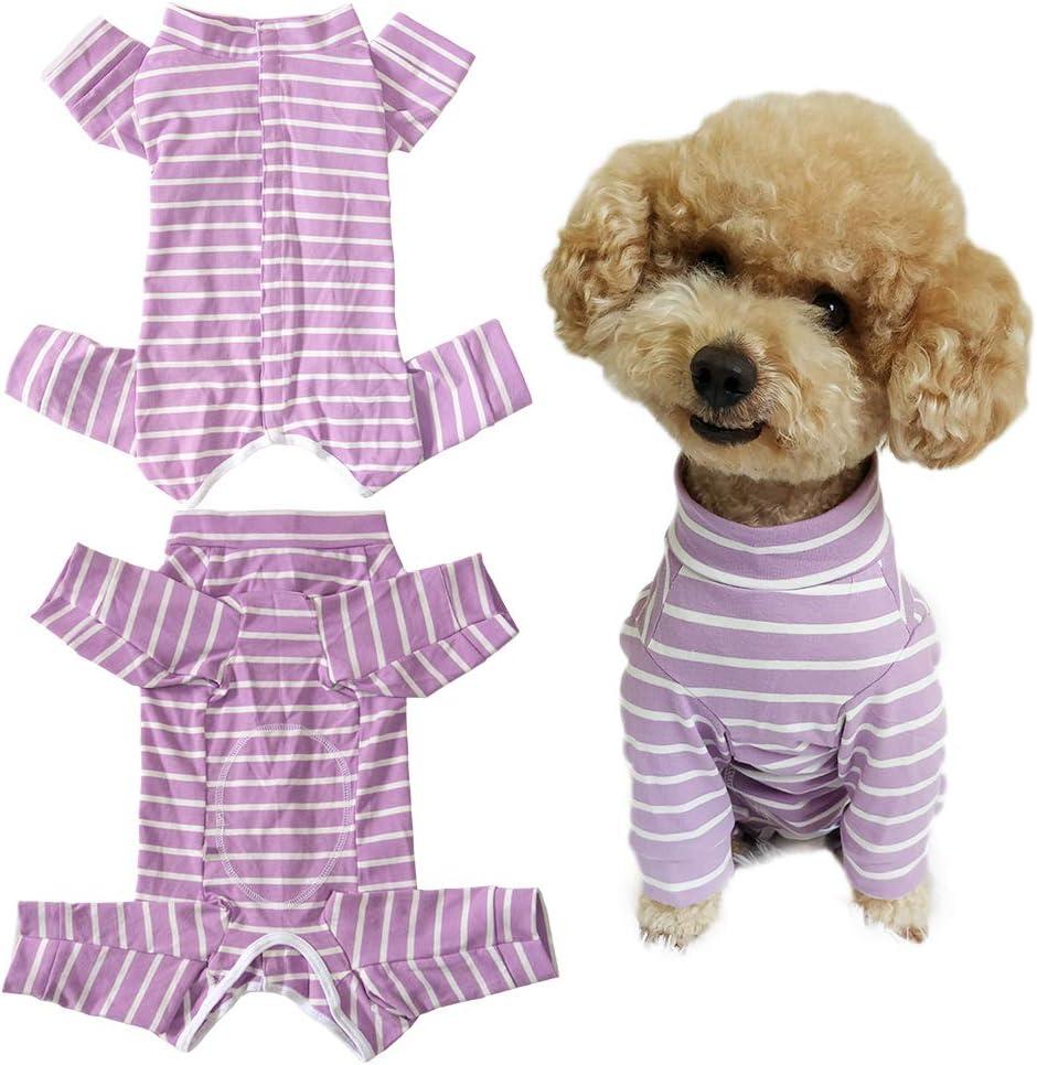 Dogs Recovery Suit Post Surgery Shirt for Puppy, Full Coverage Dog's Bodysuit Wound Protective Surgical Clothes for Pets (Purple White Stripe-xs)