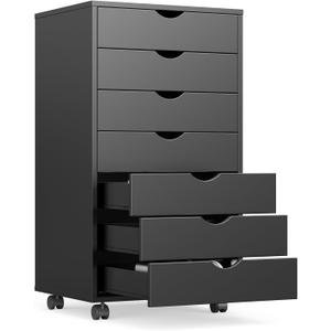 OLIXIS 7 Drawer Mobile File Cabinet Under Desk Storage Organization with Wheels Vertical Filing Chest Rolling Wood Small Desk Printer Stand for Home Office, 15.75"D x 18.74"W x 34.25"H, Black