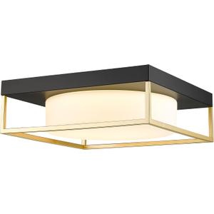 12 Inch Square LED Flush Mount Ceiling Light, 24W Dimmable, Matte Black Gold Metal Frame, Frosted Glass Shade, Ultra-Thin Ceiling Light Fixture for Bedroom Kitchen Hallway Office Laundry Room