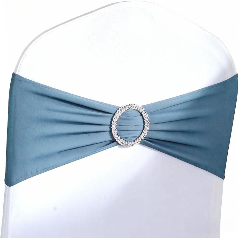 50 Pack Dusty Blue Chair Sashes, Spandex Dusty Blue Chair Bands Bows for Wedding Reception Events Decorations, Dark Blue Chair Ties for Covers