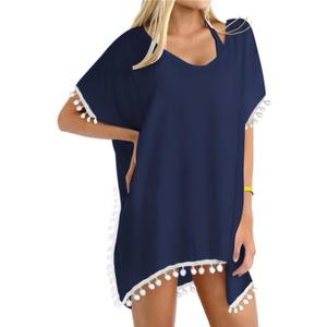 Yincro Womens Swimsuit Pom Poms Beach Bathing Suit Cover Ups for Swimwear(Pom Navy Blue, 1X) 