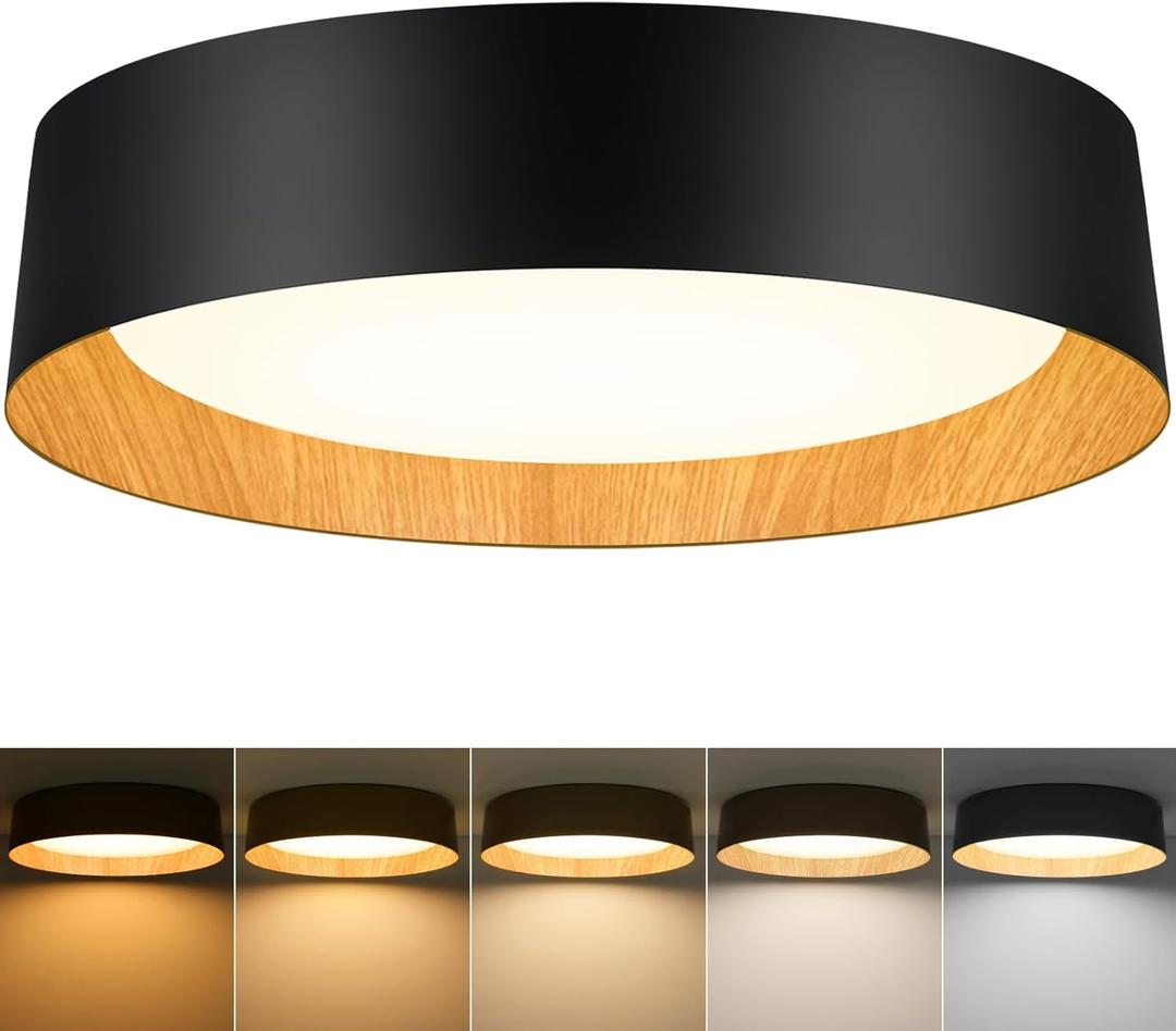 BrightHome 16in Flush Mount Ceiling Light, 3000LM 30W(300W Equiv), LED Ceiling Light Fixture 5CCT 2700K 3000K 4000K 5000K 6000K, Dimmable Ceiling Lamp for Bedroom Bathroom Hallway, Black and Wood