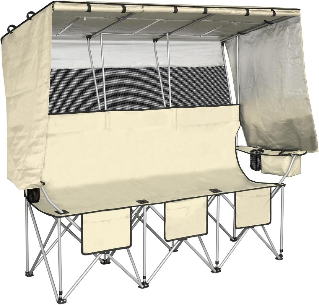 BDL 3 Person Camping Chair with Canopy Shade,Oversized Folding Chair, White, 3-Person,Extra-large Canopy Covers Top/Sides/Front,Cup Holders, Cooler Bag & Pocket,for Outdoor, Lawn & Sports, White