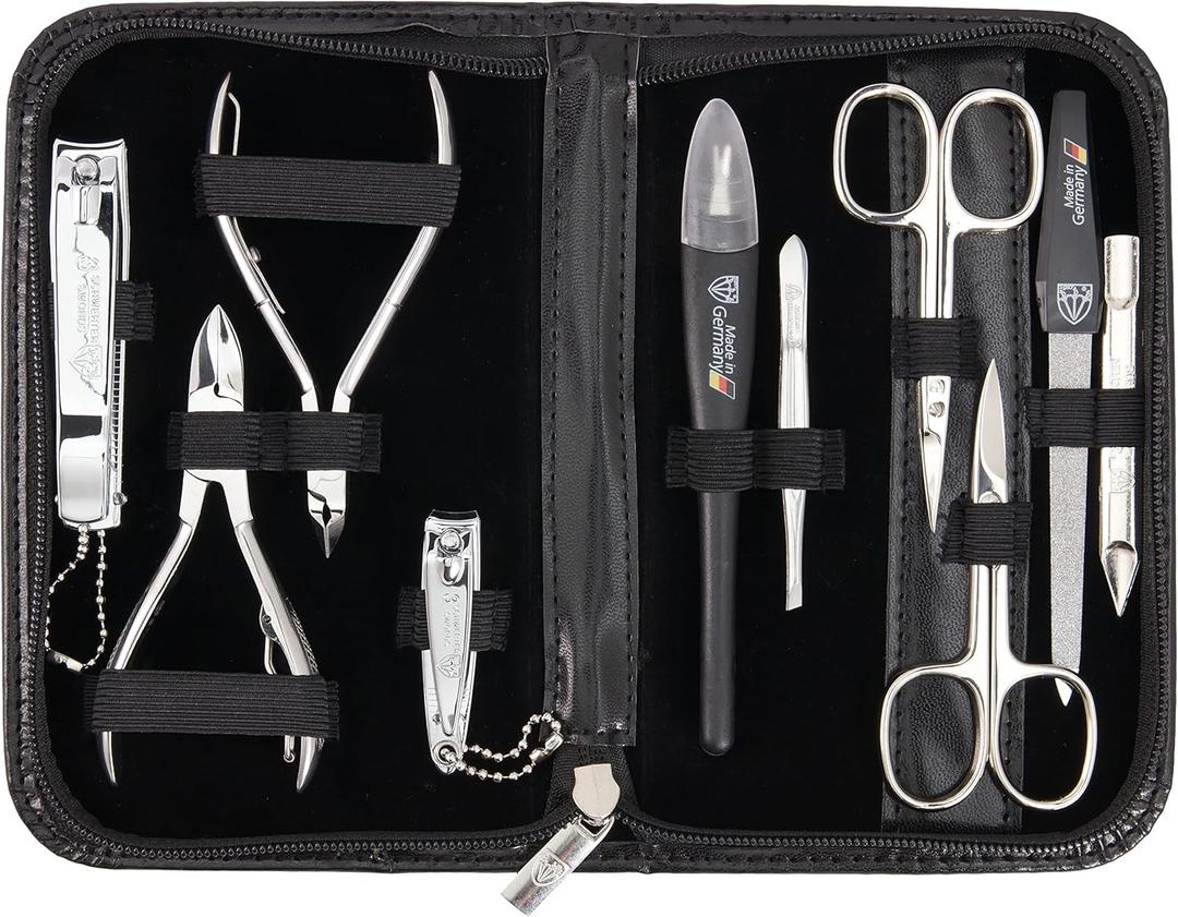 3 Swords Germany - brand quality 10 piece manicure pedicure grooming kit set for professional finger & toe nail care scissors clipper fashion leather case in gift box, Made by 3 Swords (00286) (Black)