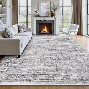 6' x 9' Area Rug, Washable Non-Slip Vintage Low-Pile Faux Wool Carpet, Soft Pet Friendly Farmhouse Rug for Living Room Bedroom Dining Room, Grey