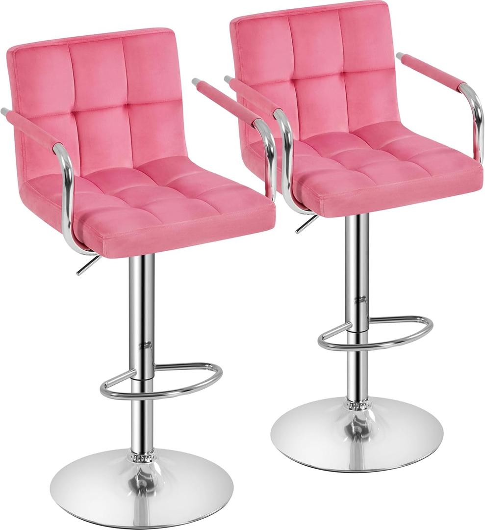 Yaheetech Counter Height Bar Stools Set of 2 Velvet Swivel BarStools for Kitchen Stool Height Adjustable Counter Stool Barstools with Armrest, Velvet, Pink