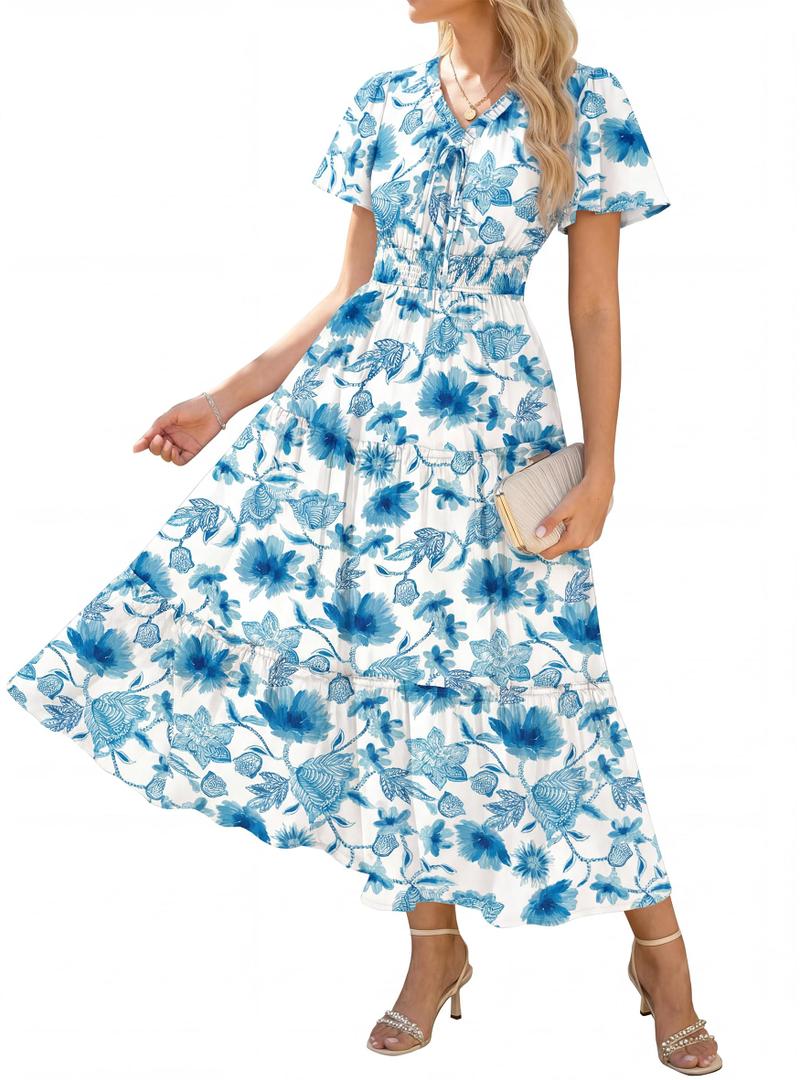 GRACE KARIN Womens Summer Floral Maxi Dresses 2026 Short Sleeve V Neck Dress Casual Flowy Beach Vacation Sundress with Pockets White Blue Floral M