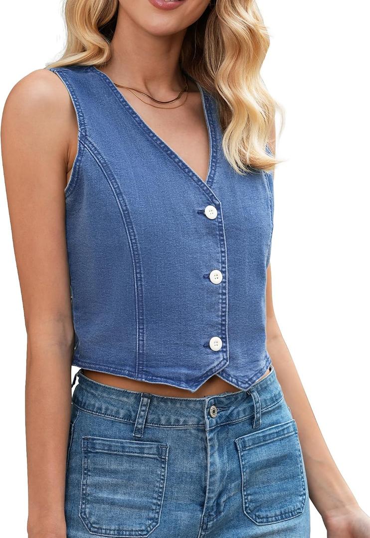 LookbookStore Denim Vest for Women Trendy Sleeveless Cropped Stretchy Jean Vests Top Summer Casual Button Wasitcoat Tops (XL)