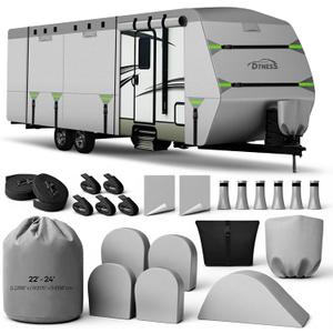 Travel Trailers RV Cover 22-24FT, 7-Layer Thick Heavy Duty Rip-Stop Camper Cover with Tongue Jack Cover, Tire Covers, Straps & Storage Bag, Tearproof, Waterproof, Snowproof, Windproof & Anti-UV