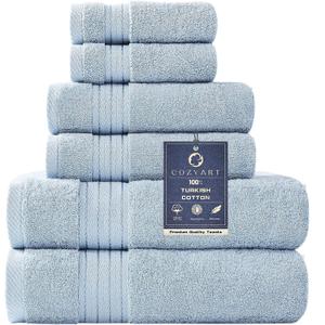 COZYART Light Blue Towel Sets for Bathroom 6Pcs, Turkish Cotton Bath Towel Set Soft Highly Absorbent and Durable 650 GSM Luxury Bathroom Sets with 2 Bath Towels, 2 Hand Towels, 2 Washclothes (Allure Blue)