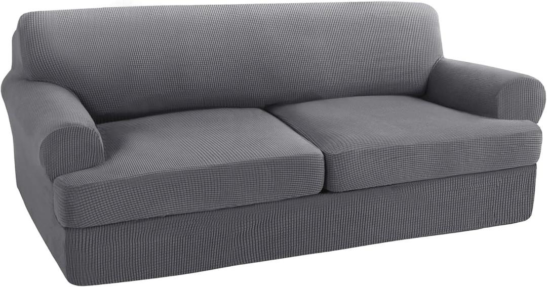 Turquoize 3 Piece T Cushion Sofa Slipcovers Stretch Couch Cover Furniture Covers with 2 Individual T Cushion Covers, Machine Washable (2 Cushion Sofa, Gray)