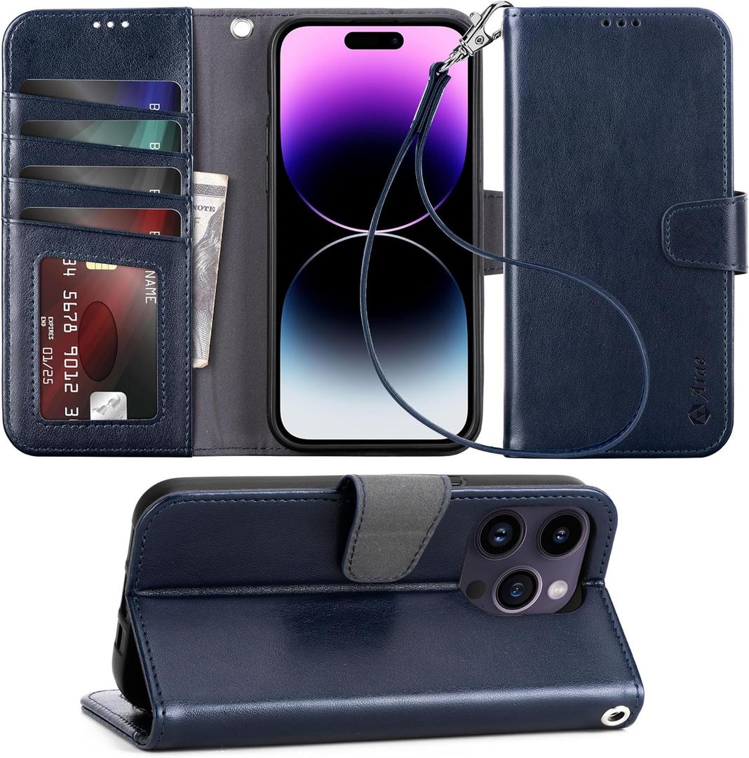 Arae Compatible with iPhone 14 Pro Max Wallet Case with Card Holder and Wrist Strap Wallet Flip Cover for iPhone 14 Pro Max 6.7inch, Blue