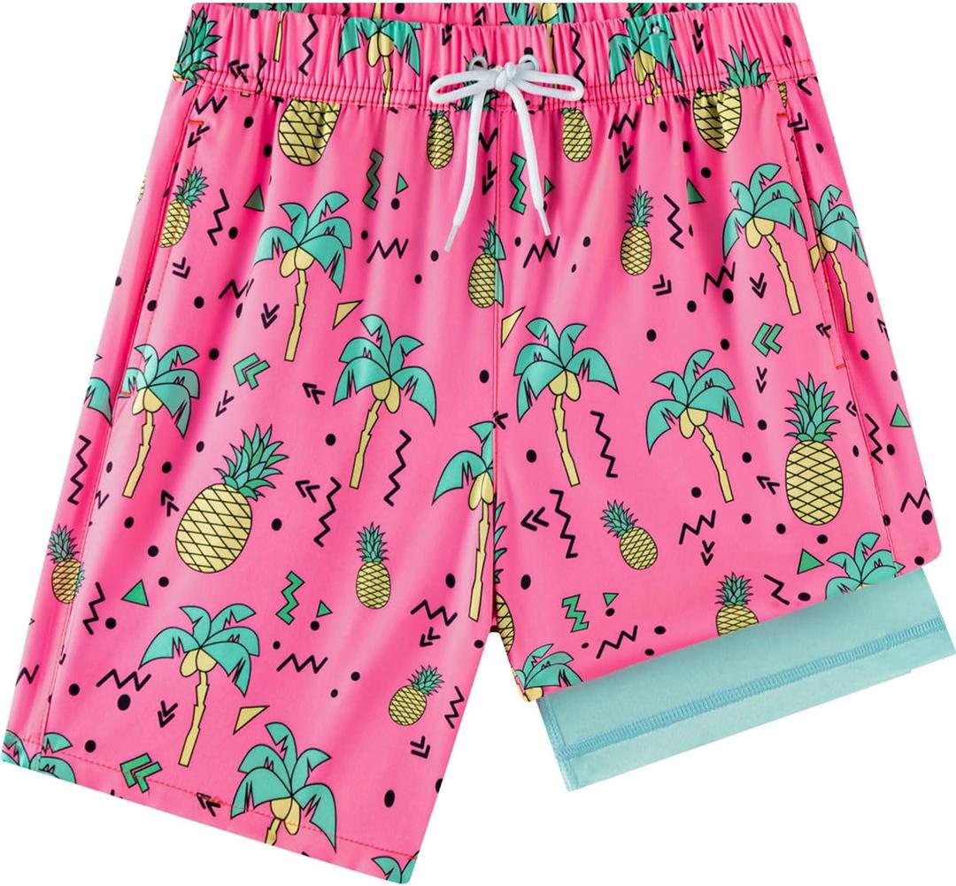 Boys Swim Trunks with Compression Liner 1-3 Pack, Bathing Suit, UPF 50+, Beach Shorts (7, Pineapple Pink)