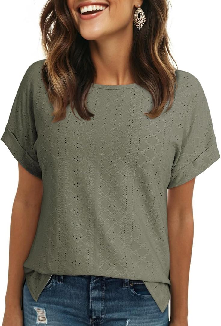 Dokotoo Women's Tops Dressy Casual Crew Neck Short Sleeve Hollow Out Lace Embroidered Blouses Shirts (Green)