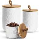 Canisters Set for Kitchen Food Storag of 3 Piece, Airtight Kitchen Canisters for Countertop, Modern Ceramic Jar with Top Handle & Wooden Lid for Coffee Tea Sugar Flour Cookie (White)
