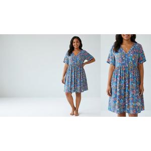KIRUNDO Womens Summer Dresses Casual Boho Floral Mini Babydoll Short Sleeve A Line Dress V Neck Sundress Beach Vacation(Leaves Blue, XX-Large)