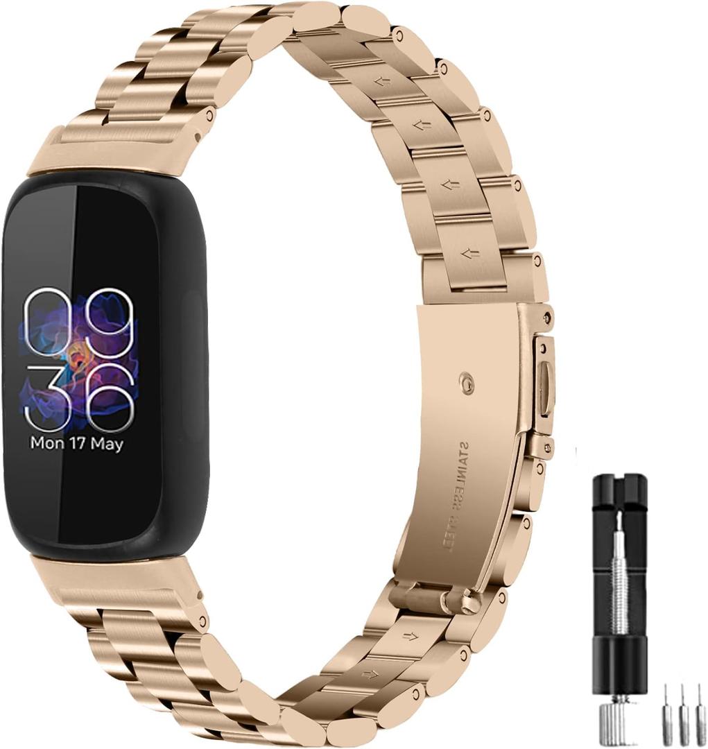 Metal Bands Compatible for Fitbit Inspire 3 for Women & Men,Solid Stainless Steel Adjustable Strap Replacement Band for Inspire 3 Fitness Tracker (Champagne)