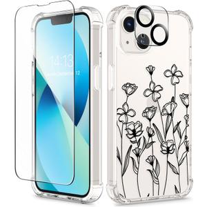 GVIEWIN for iPhone 13 Case Floral, with Screen Protector&Camera Lens Protector,[Non Yellowing] Soft Shockproof Clear Phone Protective Cover for Women, Flower Pattern Design 6.1"(Sketch/Black)