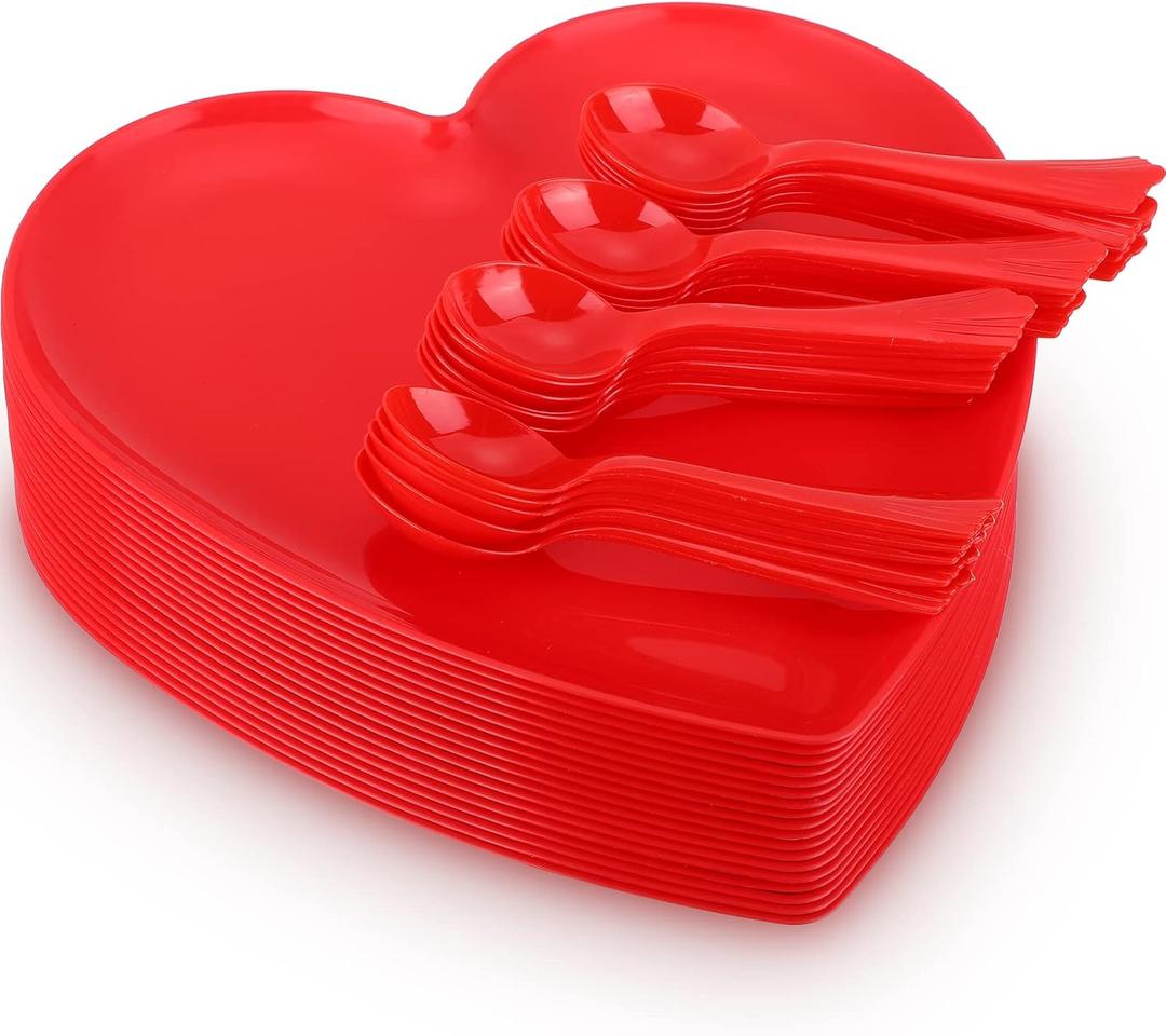 Layhit 10 Pieces Valentines Heart Shaped Plates Spoon Set Include 18 Pcs 10 Inch Valentines Day Heart Shaped Food Tray 10 Pcs Plastic Spoon Salad Dessert Plate for Party Supplies(Red)