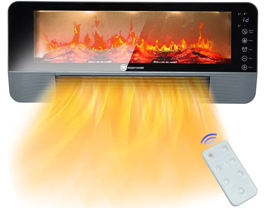 Electric Fireplace Heater for Indoor Use, Floor or Wall Electric Space Heater, 1500W 3D Flame Effect with Remote Control 12H Timer, Portable Air Conditioning Heater, Easy-Mount for Bedroom Office
