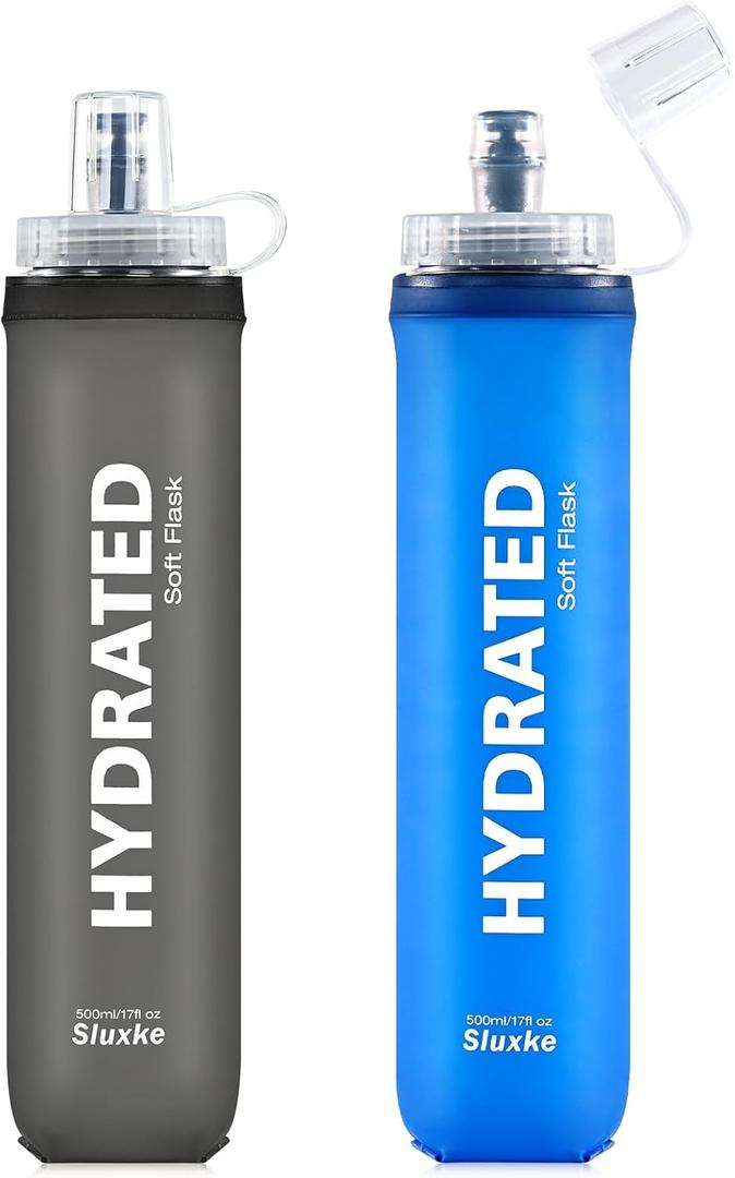 SLUXKE Soft Flask 2 Pack with Dust Cap, 17oz/500ml Flexible TPU Soft Water Flasks for Running Vest, BPA-Free Hydration Foldable Flask for Hiking, Cycling
