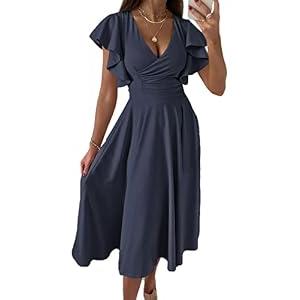Dokotoo Womens V Neck Elegant Party Dress Summer Dresses for Women 2024 Short Sleeve Skater Dress XL