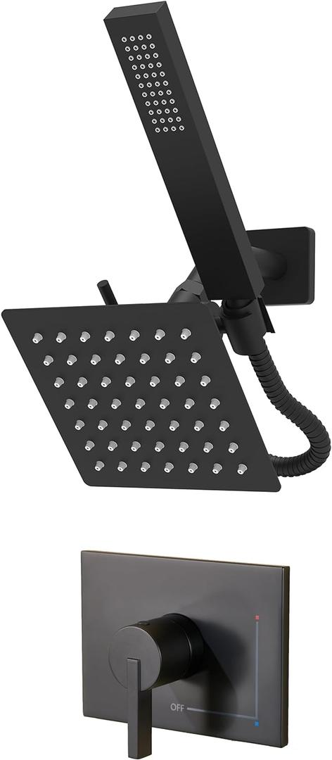 Black Shower Head and Handle Set, Shower Faucet Set Dual Shower Heads with Handheld Spray Combo, All Metal 6" Dual Shower Head Combo and 3-Way Diverter, Black Shower Faucet Set with Valve