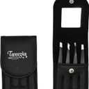 TWEEZIA Stainless Steel Tweezer Set - 4 Precision Tweezers with Mirror & Leather Case - Ideal Eyebrow Kit, Ingrown Hair Tweezers, Splinter Removal Kit or Pointed Tweezers for Beauty and Personal Care