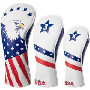 Fitense Golf Head Covers, 3 Pack Golf Club Head Covers USA Stars and Stripes, Velour Lined for Extra Club Protection, Designed to Fit All Woods and Drivers Velour Lined
